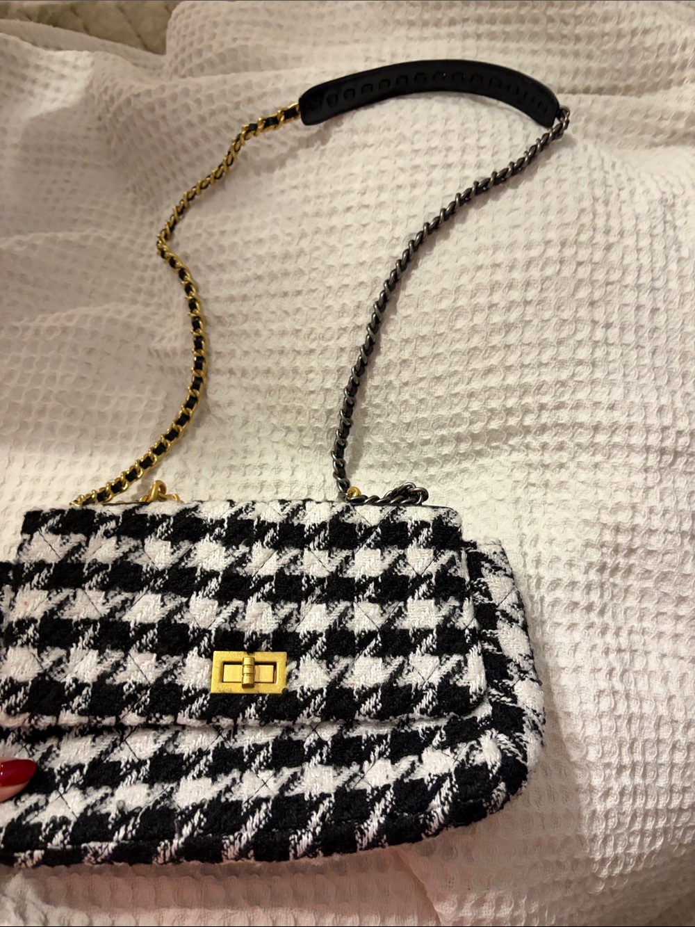 Black & White Houndstooth Shoulder Bag with Gold Hardware